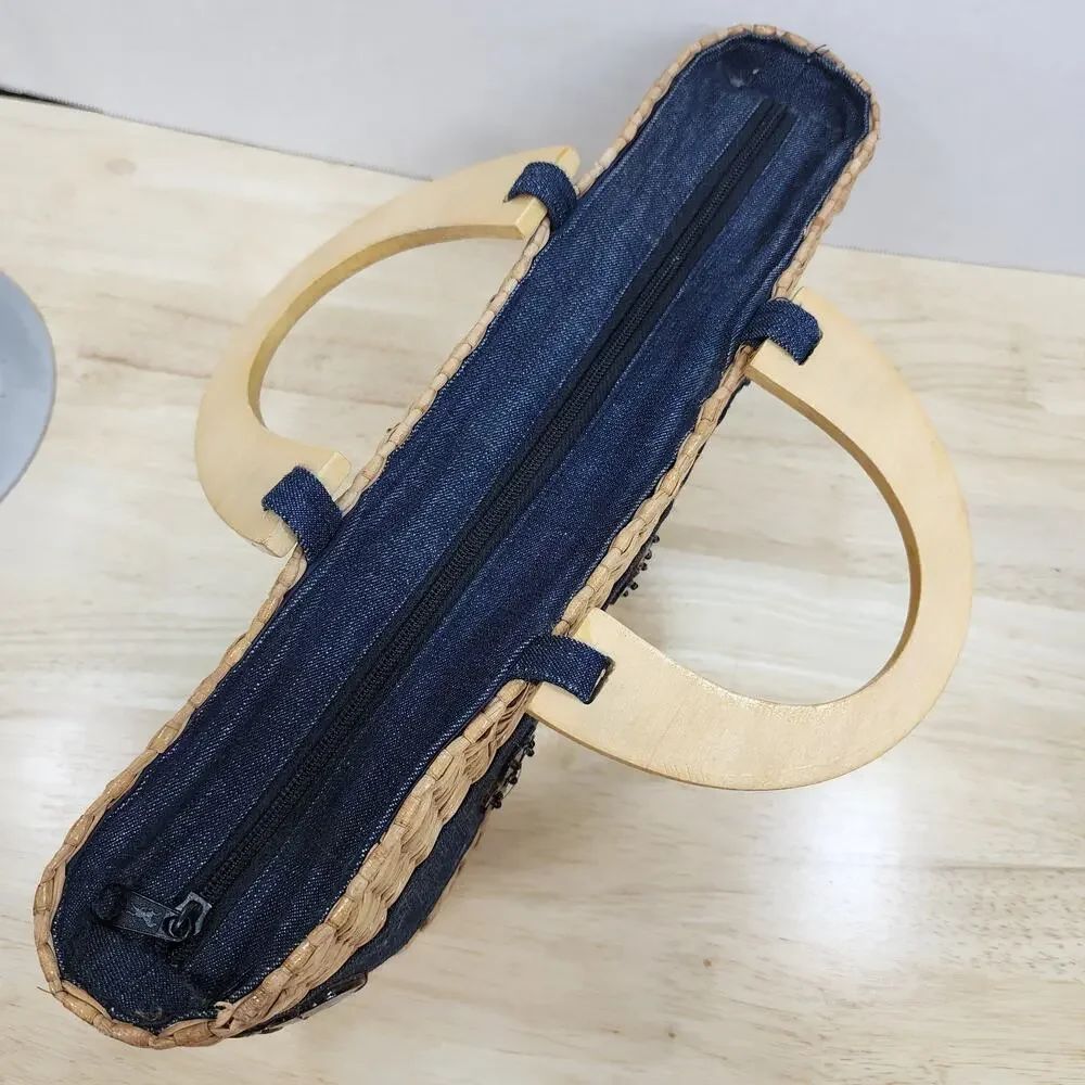 Straw Basket Purse Denim Accent Wooden Handles Beach Cottagecore Bag 10x5.5